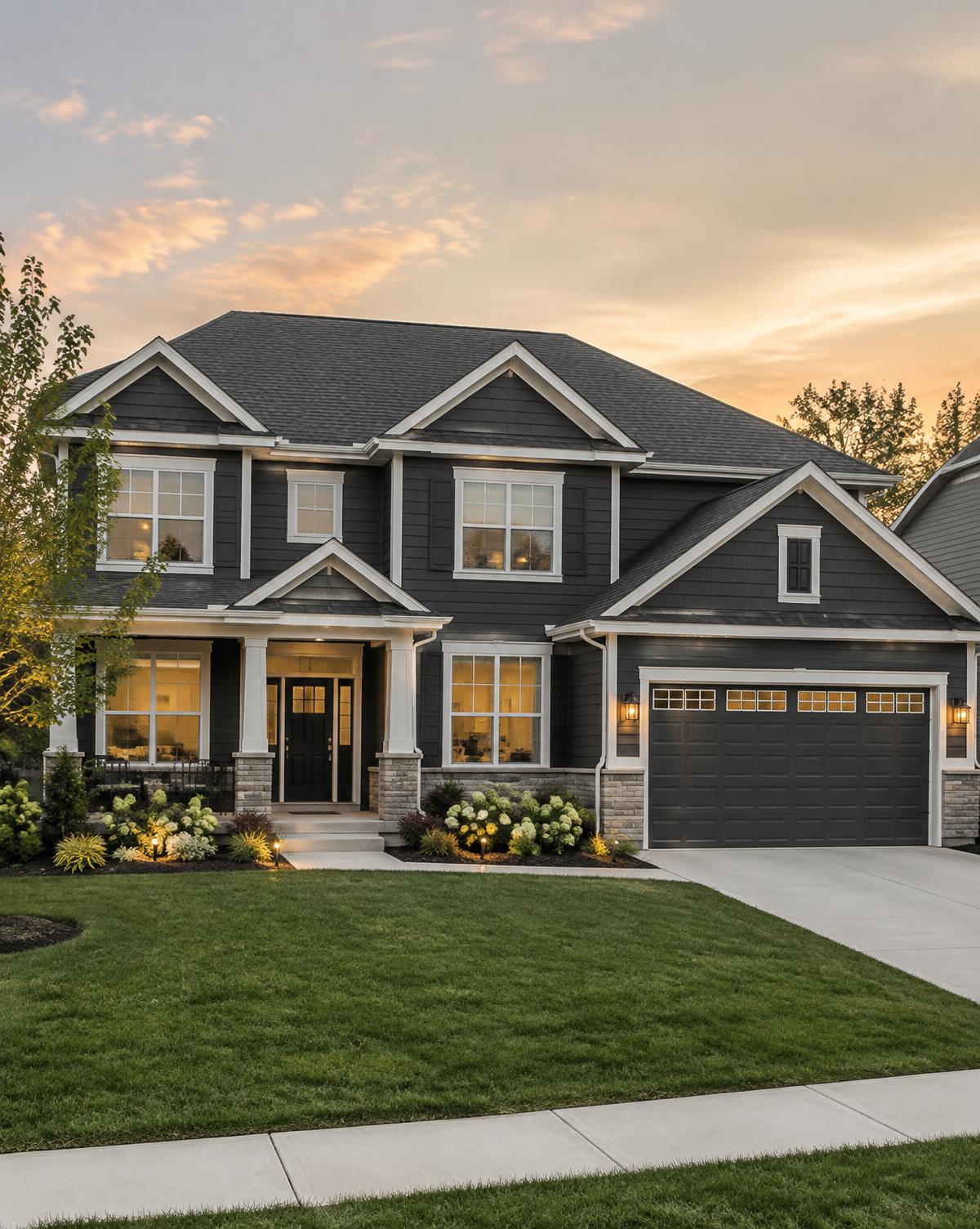 Freshly painted two-story home exterior with crisp white trim